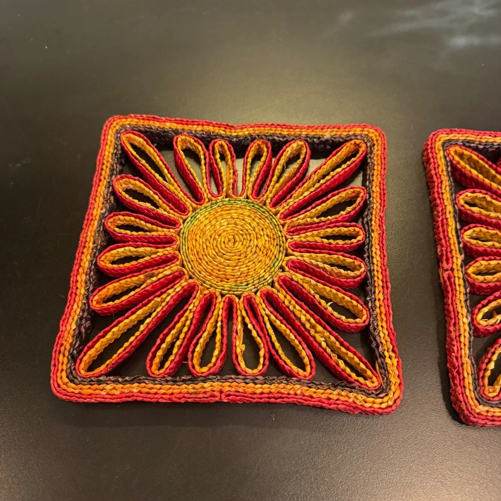Vintage Sunflower Raffia Trivets Set of 2 Red Yellow 7in Woven Boho Decor